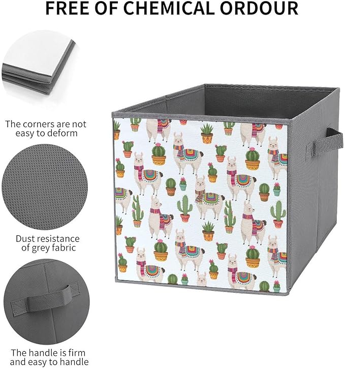 Space-Saving Fabric Storage Cubes Llama And Cactus Collapsible Baskets with Handles Stylish Storage Solution for Home