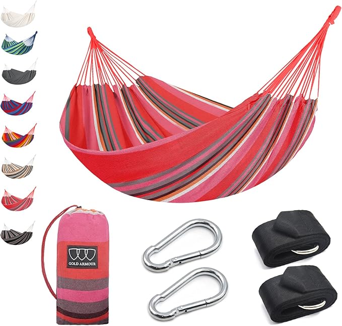 Gold Armour Brazilian Style Hammock with Tree Straps for Hanging Portable Single Double Hammock for Camping Outdoor Indoor Patio Backyard (Pink Stripe)