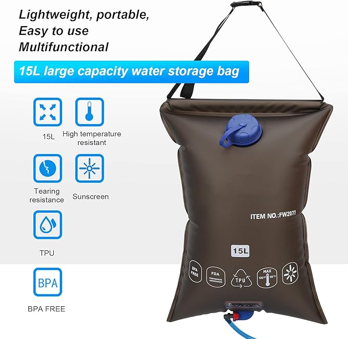 Outdoor Foldable Heated Shower Bag 15 Liter High Capacity Camping Shower Bag Kit with Shower Nozzle and Removable Hose Portable Summer Shower Bag for Hiking Beach Swimming