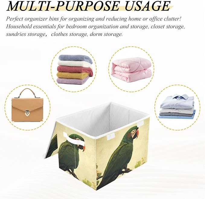 Storage Cube with Lid Parrot Green Print 16.5×12.6×11.8 IN Collapsible Large Capacity Foldable Storage Basket Bin Organizer