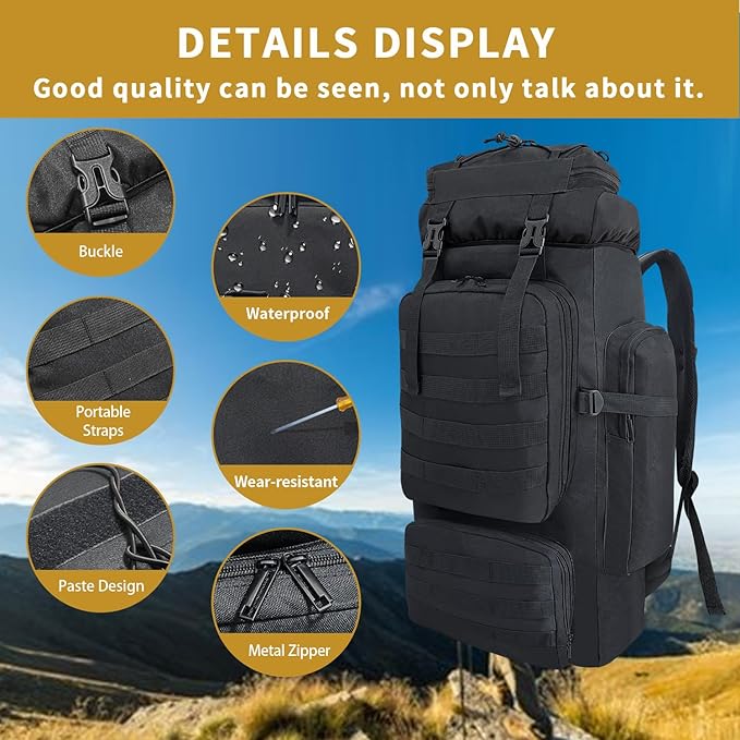 80L Hiking Backpack Men Camping Backpack Waterproof MOLLE Military Tactical Rucksack Large Capacity Assault Pack for Outdoor Survival Trekking Travel (Black)