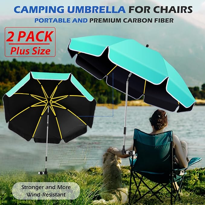 2Pack 48.8 inch Large Beach Umbrella with Clamp Sun Shade for Beach Chair 360°Adjustable UV Protection Golf Umbrella with Clip for Outdoor Stroller Wheelchair Camping Chair