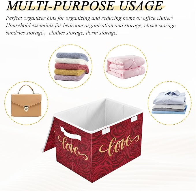 senya Valentines Baskets Collapsible Storage Bins with Lids Love on Romantic Rose Storage Boxes Clothes Baskets for Organizing
