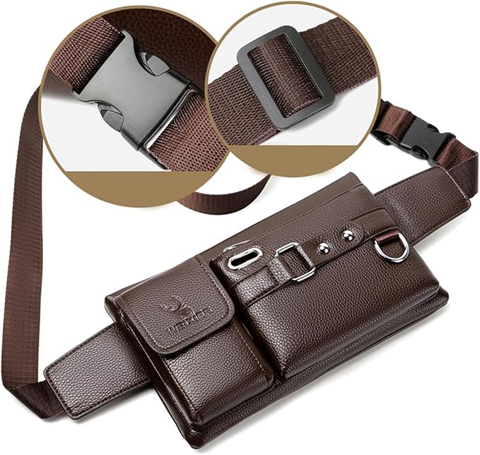Mens Crossbody Bag Brown Leather Lightweight Anti-Theft Slim Chest Sling Pack with Adjustable Strap for Travel Gym Running Hiking Everyday Carry Essentials