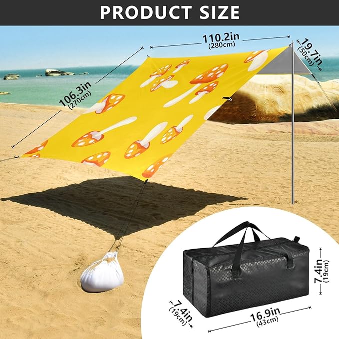 xigua Mushroom Beach Tent Sun Shelter with Carrying Bag - Silver Coated Oxford Fabric Beach Canopy for Beach Camping Fishing - Includes Windproof Ropes Sandbags &amp Stakes