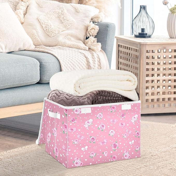 Pink Valentine Heart Roses Bows Storage Box with Lid 1 PC Foldable Storage Bin with Lids Stackable Storage Bins Cube Closet Organizer Basket with Flip-Top Lid &amp Handles for Shoes Books Towels