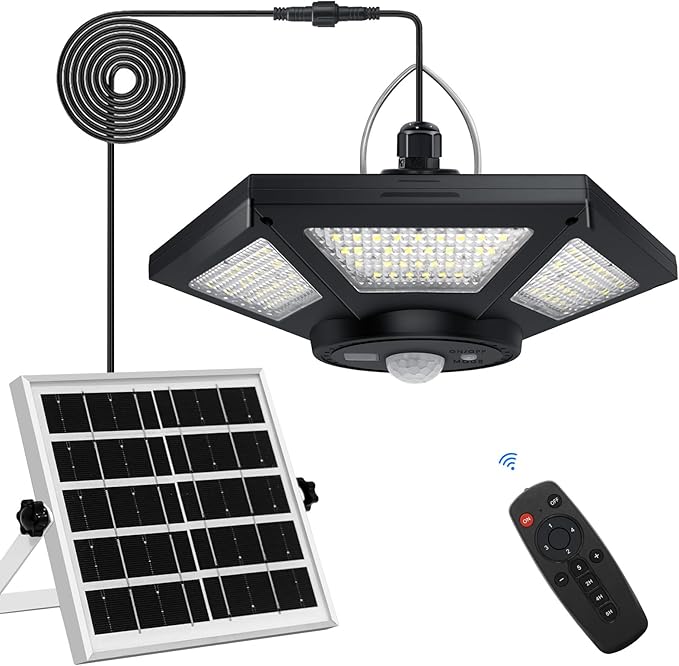 Aqonsie Solar Shed Light Indoor Outdoor Solar Powered Pandent Daytime Work Lights with 5 Lighting Modes &amp 3 Timers 180LED Solar Indoor Lights Motion Sensor with Remote Control for Shed Barn Garag