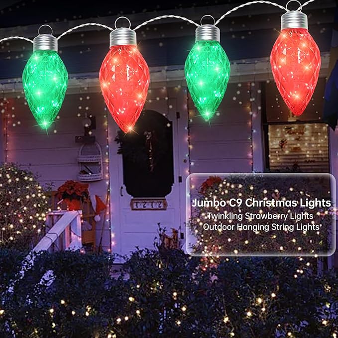 Red and Green Jumbo C9 Christmas Lights - 4 Bulbs 60 LED Giant C9 Outdoor Hanging String Lights for Tree Porch Gazebo Eave Decorations 12 Feet White Wire Connectable Red and Green - Twinkling