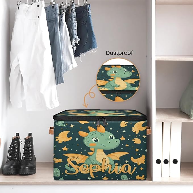 Custom Storage Basket with Name Personalized Storage Bins with Zipper Lid Foldable Fabric Storage Box Large capacity with Handle Dinosaur Star
