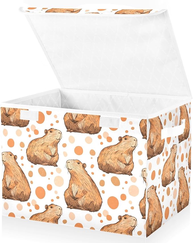 Capybara Dots Storage Cube Bins Basket with Lid Collapsible Flip-top Fabric with Handle for Home Bedroom Closet Office 16.5×12.6×11.8 in