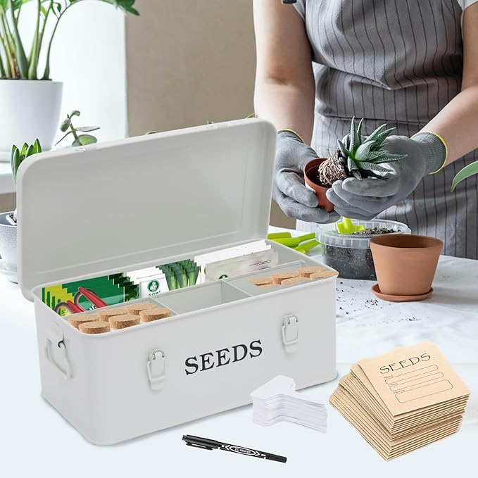 Seed Storage Organizer 4 Compartment Seed Storage Box with Safety Lock Metal Seed Box Seed Packet Container with 1 Pen 12 Slots 20 Plant Labels &amp 30 Seed Envelopes White Gardening Gift