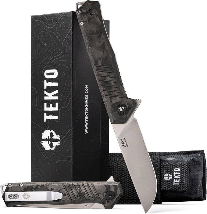 TEKTO KNIVES F1 Alpha Folding Pocket Knife - Modified Straight Back Blade Titanium Coated D2 Steel Ideal for Camping &amp Backpacking Tactical Forged Carbon Fiber Handle Silver Titanium Accents