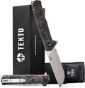 TEKTO KNIVES F1 Alpha Folding Pocket Knife - Modified Straight Back Blade Titanium Coated D2 Steel Ideal for Camping &amp Backpacking Tactical Forged Carbon Fiber Handle Silver Titanium Accents