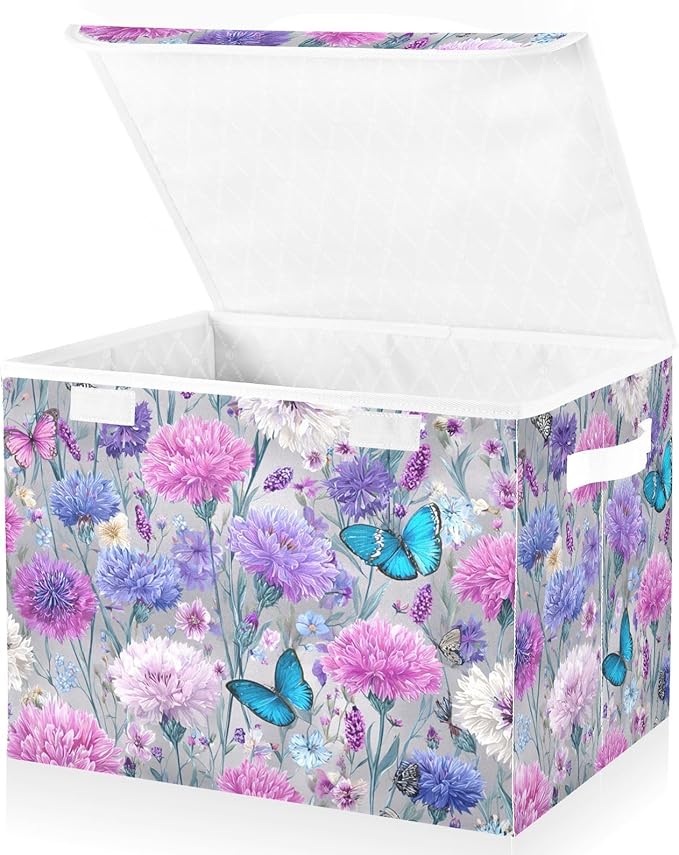 Grey Pink Corflower Butterfly Storage Box with Lid 1 PC Foldable Storage Bin with Lids Stackable Storage Bins Cube Closet Organizer Basket with Flip-Top Lid &amp Handles for Shoes Books Towels