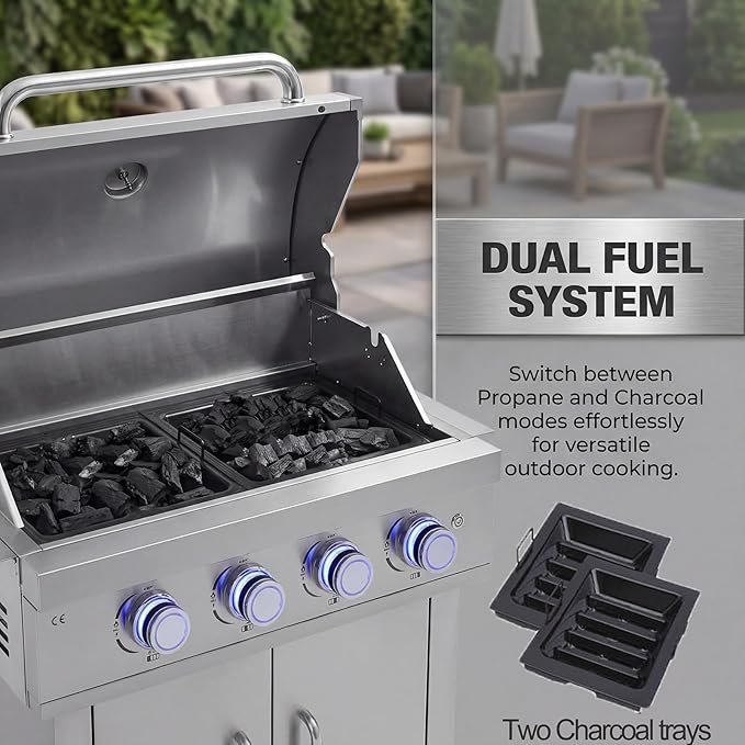 28-inch Built-in Gas Grill4 Burner Propane Grill with Rear Burner 48400 BTU Built-in BBQ Grill Stainless Steel Charcoal and Propane Gas Dual Fuel for Outdoor Kitchen Island