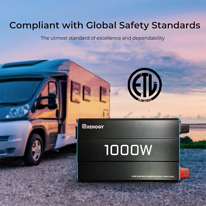 Renogy 1000W Pure Sine Wave Inverter 12V DC to 120V AC Converter for Home RV Truck Off-Grid Solar Power 110V with Built-in 5V/2.1A USB Port Hardwire Remote Controller