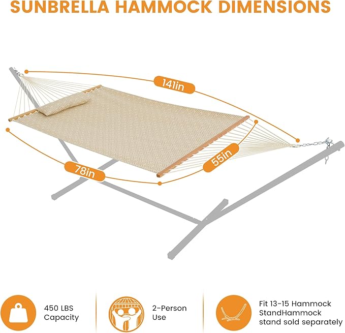 Lazy Daze Hammocks 12 FT Sunbrella Fabric Hammock not Fading with Spreader Bars and Free Pillow Fits for 2 Persons All Weather and Fade Resistant for Patio Yard 450 lbs Capacity Meander Wren