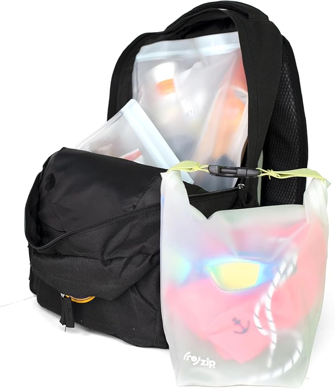 (re)zip 5-Piece Summer Day Camp Essentials Kit – Reusable Gallon Sandwich Snack Bags + Roll Top Dry Bag – BPA-Free Leakproof Storage for Food Clothes and Camp Gear