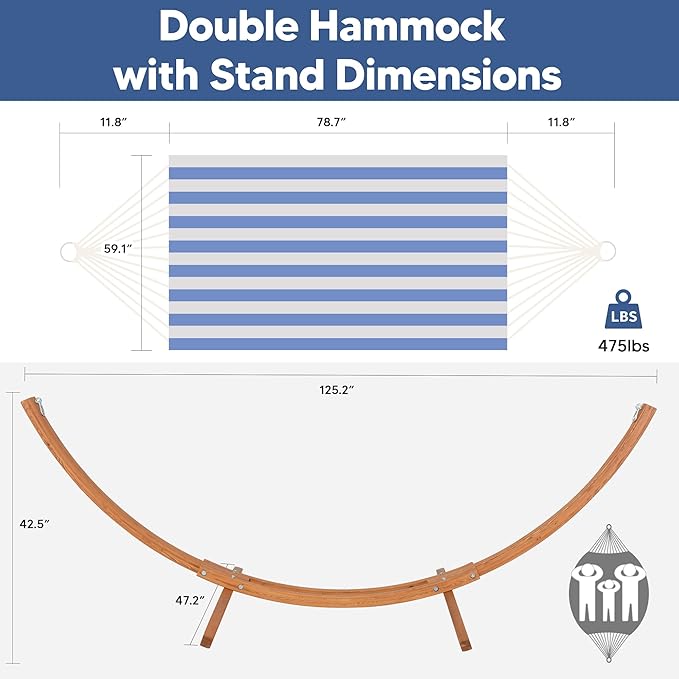 SUNCREAT Hammocks for Outside with Stand Porch Hammock and Stand 475 lbs Capacity Blue &amp White