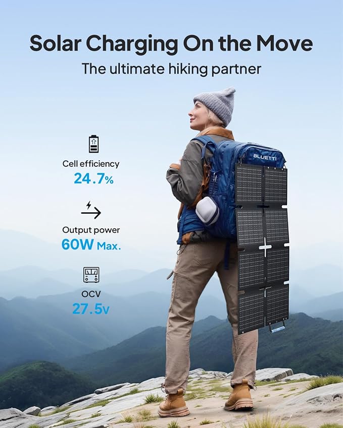 BLUETTI 60W Solar Panel 60 Watt for Solar Generator Handsfree 1 Handsfree 2 AC2A Foldable Solar Charger for Hiking Camping Travel