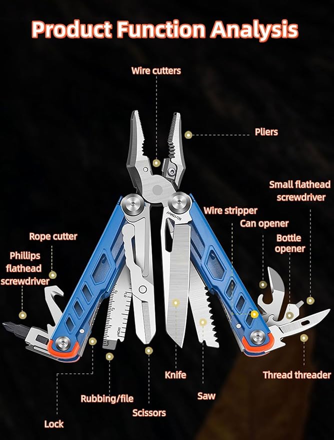 17-in-1 multi-purpose tool pliers multi-purpose EDC tool upgraded stainless steel multi-tool gift for men repair wilderness survival and camping gear hunting and hiking utility knife (blue)