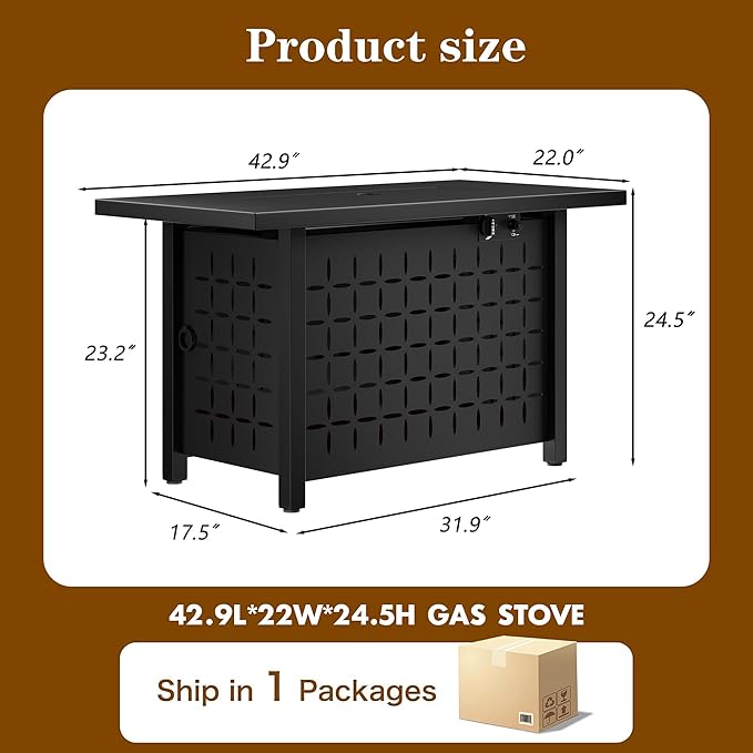 Walsunny 43 Inch Propane Fire Pit Table Outdoor Fire Pit 50000 BTU Gas Fire Pit Table Fire Pits with Lid and Lava Rock for Outside Patio Garden Yard