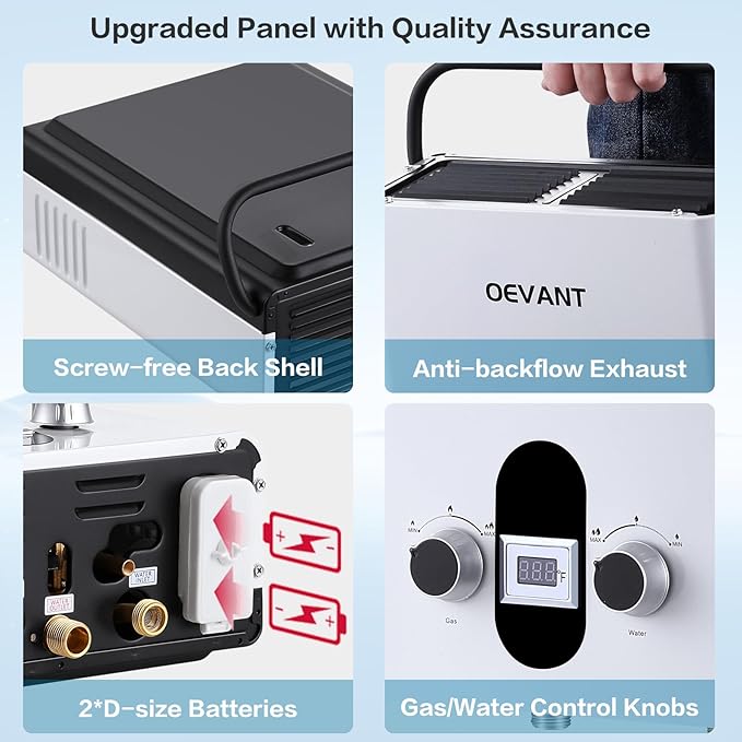 Propane Water Heater 1.32 GPM 5L Portable Tankless Water Heater with Overheating Protection Upgrade Screw-free Back Shell Instant Hot Water for RV Camping Outdoor Shower (WHITE)