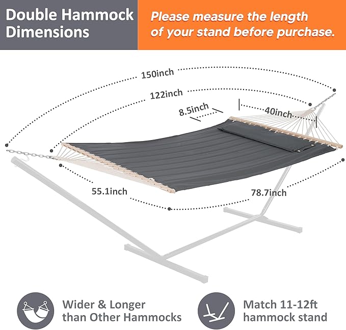 SUNCREAT Portable Tree Hammock with Hardwood Spreader Bar Extra Large Soft Pillow Heavy Duty 2 Person Hammock for Indoor Outdoor Gray