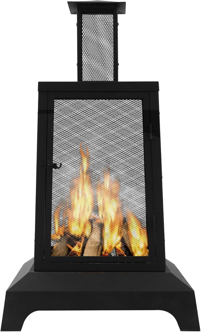 Walsport Chiminea Outdoor Fireplace 43 Inch Wood Burning Fire Pit with Grill Grate and Spark Screen Cover Outdoor Fire Pit for Patio Backyard Deck Porch and Camping Black