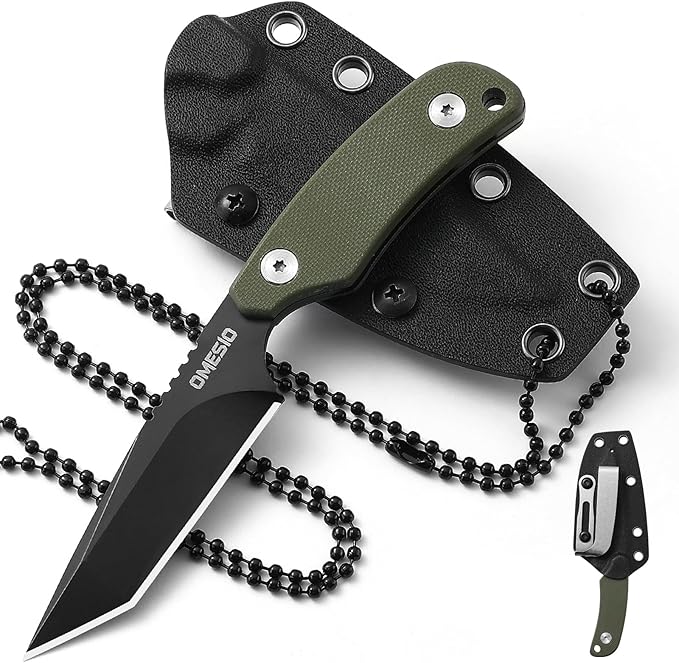 Omesio Tanto Neck Knife Small Fixed Blade with Kydex Sheath and Clip Full Tang 6 Neck Knife with Sheath and Necklace Mini Tactical EDC Knife D2 Steel G10 Handle (Black + Green)