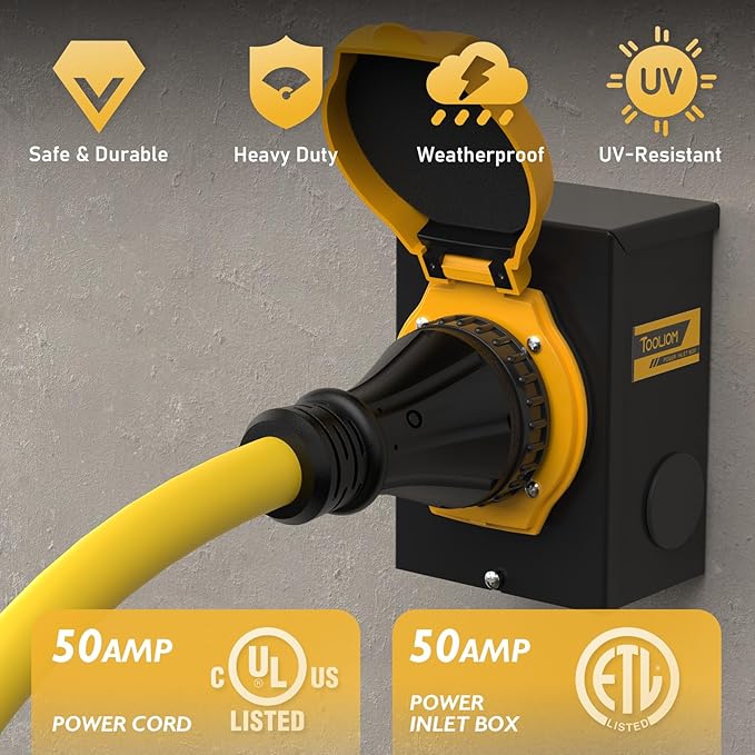 TOOLIOM 50 Amp Generator Cord 50FT and 50 Amp Generator Inlet Box NEMA 14-50P/SS2-50R Twist Lock 125/250V 12500W 6/3+8/1 AWG SJTW Generator Power Cord Pre-Drilled Generator Inlet Box UL&ampETL Li
