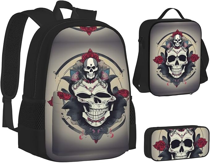 3pcs Backpack Sets Skull Yoga Printed Backpacks Set With Lunch Bag Pencil Pouch