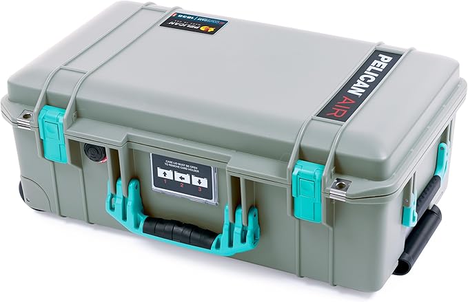 Pelican Air 1535 Carry-On Sage Green - Medium Size Waterproof Case - Empty with Teal Handles &amp Latches