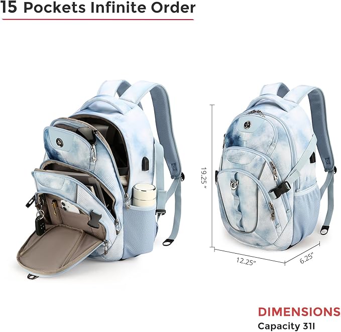 Swissdigital Laptop Backpack with USB Charging Port Travel Backpack Fits 15.6 inches Computer 31L Backpack for Men Polka Blue | SD803-105