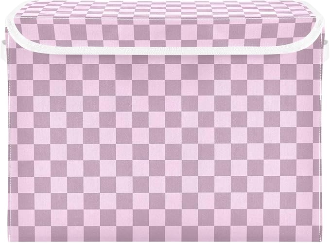 Grey Pink Checkerboard Storage Baskets Lidded Bin Foldable Storage Boxes Cubes Lids with 2 Handles for Organizing Closet Home Office