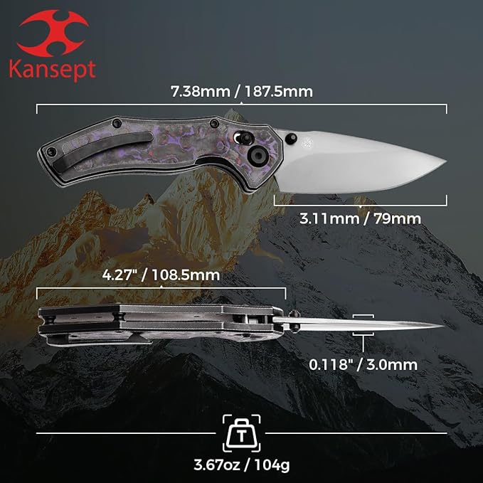 KANSEPT Apollo Pocket Knive 3.11Mirror DLC CPM S35VN Blade Blackwash Titanium inlaid Purple Haze Fatcarbon Handle with Thumb Stud Cross Bar Lock Folding for Men WomenCamping Hiking Knives K2107V4