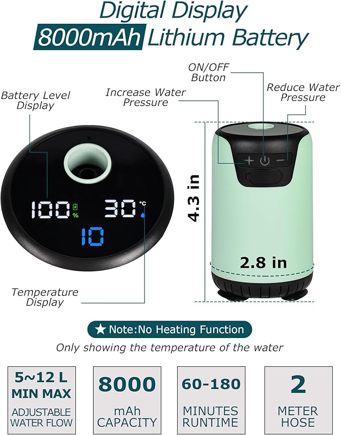 innhom Portable Shower Camping Shower Outdoor Camp Shower Pump Electric Rechargeable Portable Camping Shower Powered by Rechargeable Battery