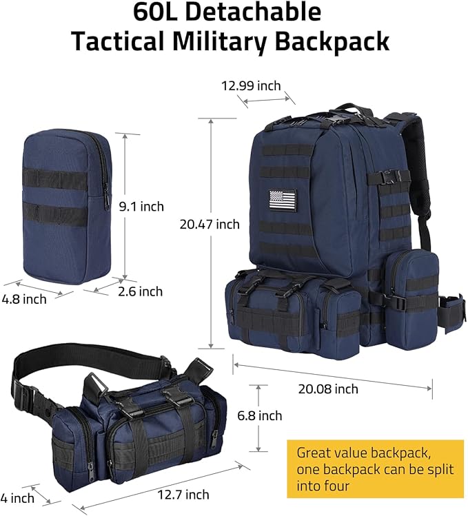 CVLIFE Tactical Backpack Military Army Rucksack 60L Large Assault Pack Detachable Molle Bag Blue