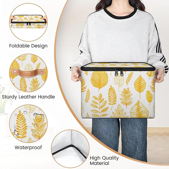 Storage Bins with Lids Beautiful Leaves Print Storage Basket Clothes Organizer with Handles Closet Storage Containers for Clothing Bedding Blanket