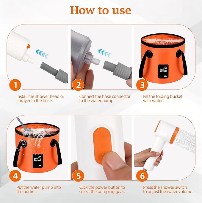 Portable Camping Shower Kit Rechargeable Pump with Carbon Water Purification Digital Display Soft LED Light Folding Bucket for Outdoor Camping Hiking Pet Bath Car Wash