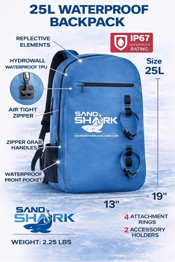 SandShark 25L Waterproof Backpack – IP67 Submersible Backpack with Airtight Zipper TPU Shell Laptop Sleeve – Waterproof Dry Bag for Boating Beach Swim Travel &amp Water Sports