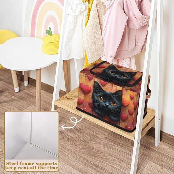 Black Cat Storage Bins with Zipper Lid Hearts Valentine's Fabric Lidded Storage Baskets Cubes with Handles Decorative Foldable Shelf Closet Organizer Container