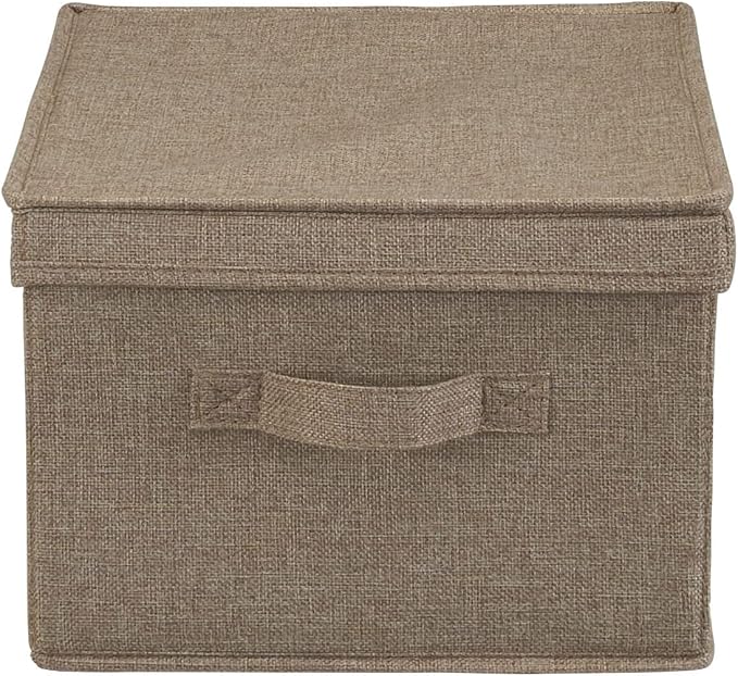 Household Essentials Large Fabric Storage Bins 2 Pack Soft Poly Linen with Sturdy Sides Attached Handle and Fully Removable Lid Brown