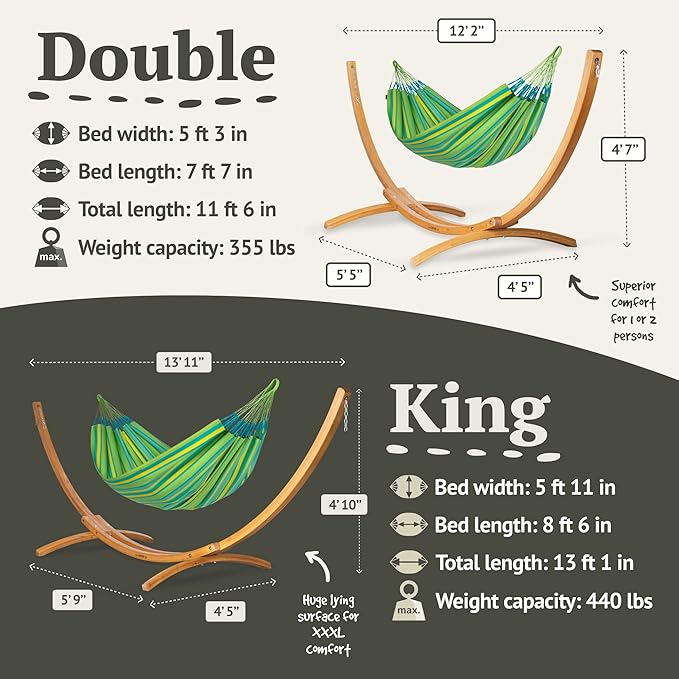 LA SIESTA® - Large Double Brisa Classic Hammock &amp Elipso Stand - Larch Wood Hammock Stand - Weather &amp Tear Resistant - Backyard Outdoor Hammock with Stand - 2-Person Max 355 Lbs Lime