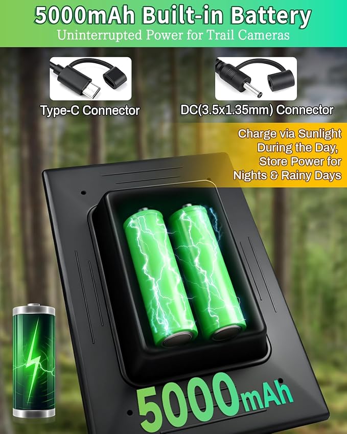 Trail Camera Solar Panel 3W Solar Panel Charger with 5000mAh Battery and 6V USB-C &amp DC Port 9.8ft Cable IP65 Waterproof Solar Panel for Trail CameraGame Cameras Accessory (6V)