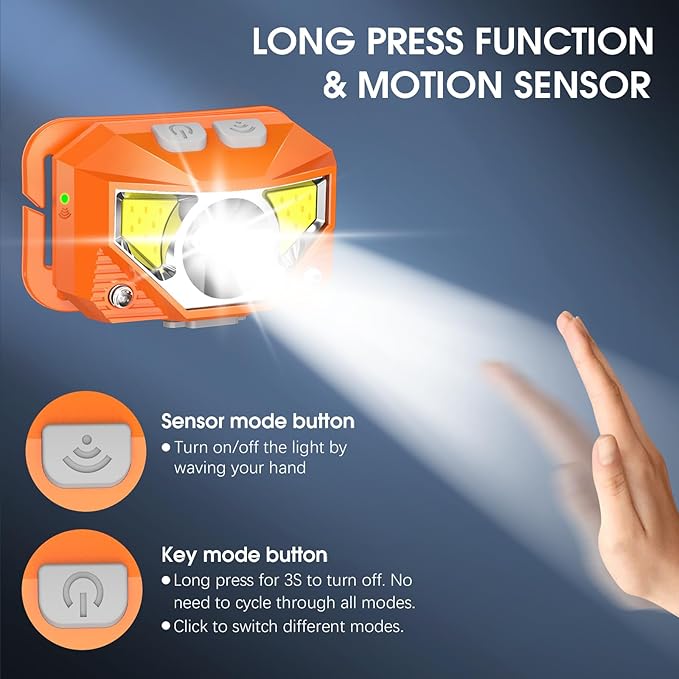 LHKNL Headlamp Flashlight Lumen Ultra-Light Bright LED Rechargeable Headlight with White Red Light2-Pack Waterproof Motion Sensor Head Lamp8 Mode for Outdoor Camping Running Fishing- Orange