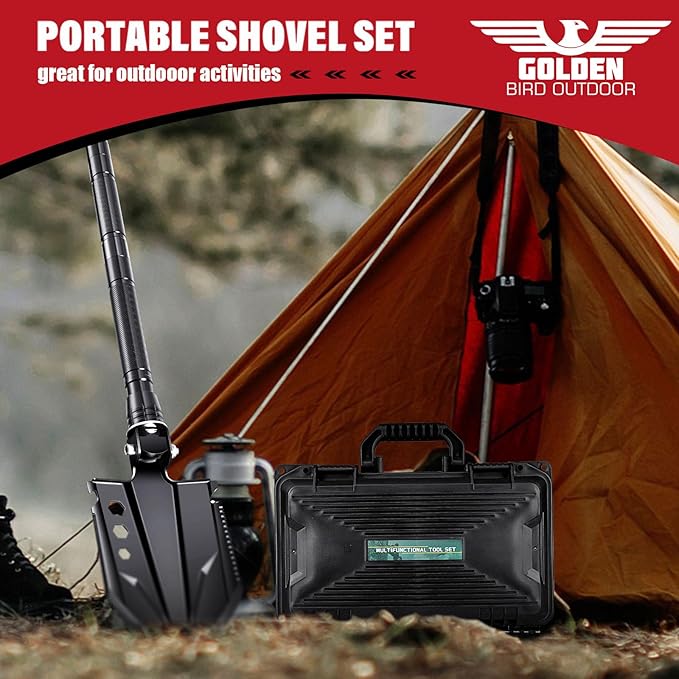 Golden Bird Survival Shovel Set - Multi-Tool Folding Camping Shovel with Carrying Case for Outdoor 30 Inch Lengthened Handle Tactical Shovels Off-Road Sand &amp Snow for Men Women