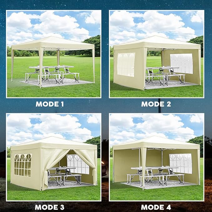 10'x10' Folding Canopy with 4 Removable Sidewalls Outdoor Event Shelter UPF 50+ Gazebo Portable Tents for Parties Beach Camping Wedding EZ Pop Up Canopy Weight Bag + Carry Bag (Beige)