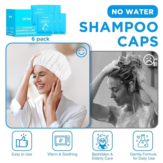 OK TAPE No Water Shampoo Caps (6 Pack) 3 Scents Rinse Free Shower Cap for Elderly After Surgery Camping Shampoo and Conditioner Hair Wash Cap (Jasmine Vanilla and Bellflower Scents)