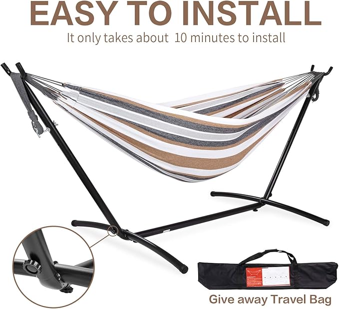 PNAEUT Double Hammocks with Stand for Outside Portable Space Saving Heavy-Duty Steel Frame for Indoor Outdoor Patio Yard Easy Assembly 2 Person 450 lbs Capacity (Coffee)